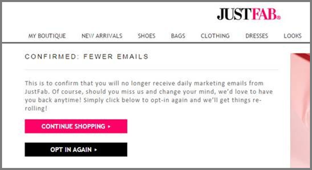 Unsubscribe Page Example: JustFab